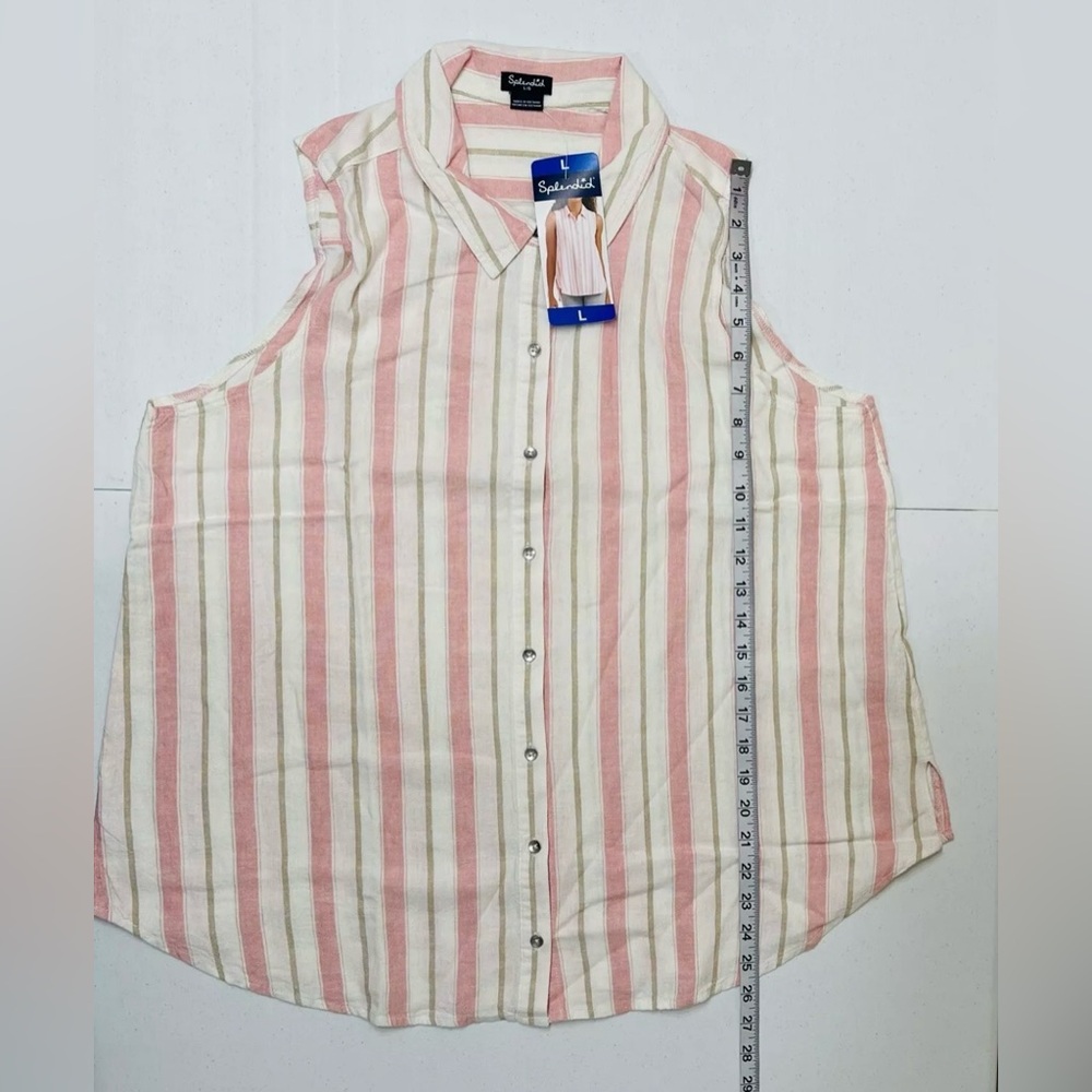 Splendid Women’s Pink Striped Sleeveless Soft Button Up Collared Linen Shirt L - Picture 9 of 9